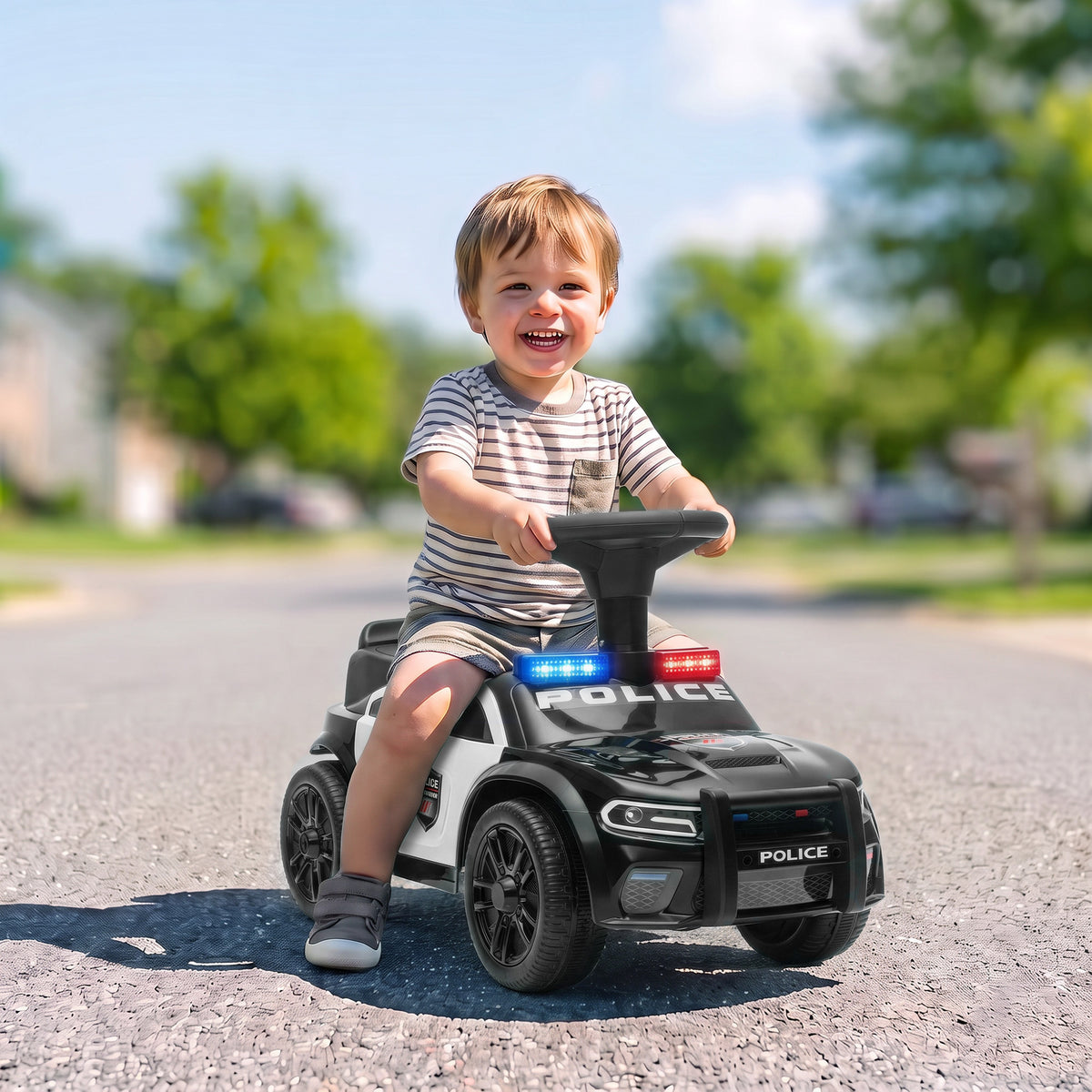 Lasten potkuauto poliisiauto, valo ja musiikki, kaatumiseste ja säilytystila, 18–36 kk, musta