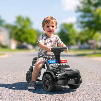 Lasten potkuauto poliisiauto, valo ja musiikki, kaatumiseste ja säilytystila, 18–36 kk, musta