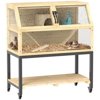 Hamsterbur i trä – tvåvåningsbur för gnagare med hjul och förvaringsutrymme 87 x 43 x 101 cm