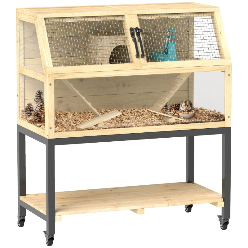 Puinen hamsterihäkki - kaksitasoinen jyrsijähäkki pyörillä ja säilytystilalla 87 x 43 x 101 cm
