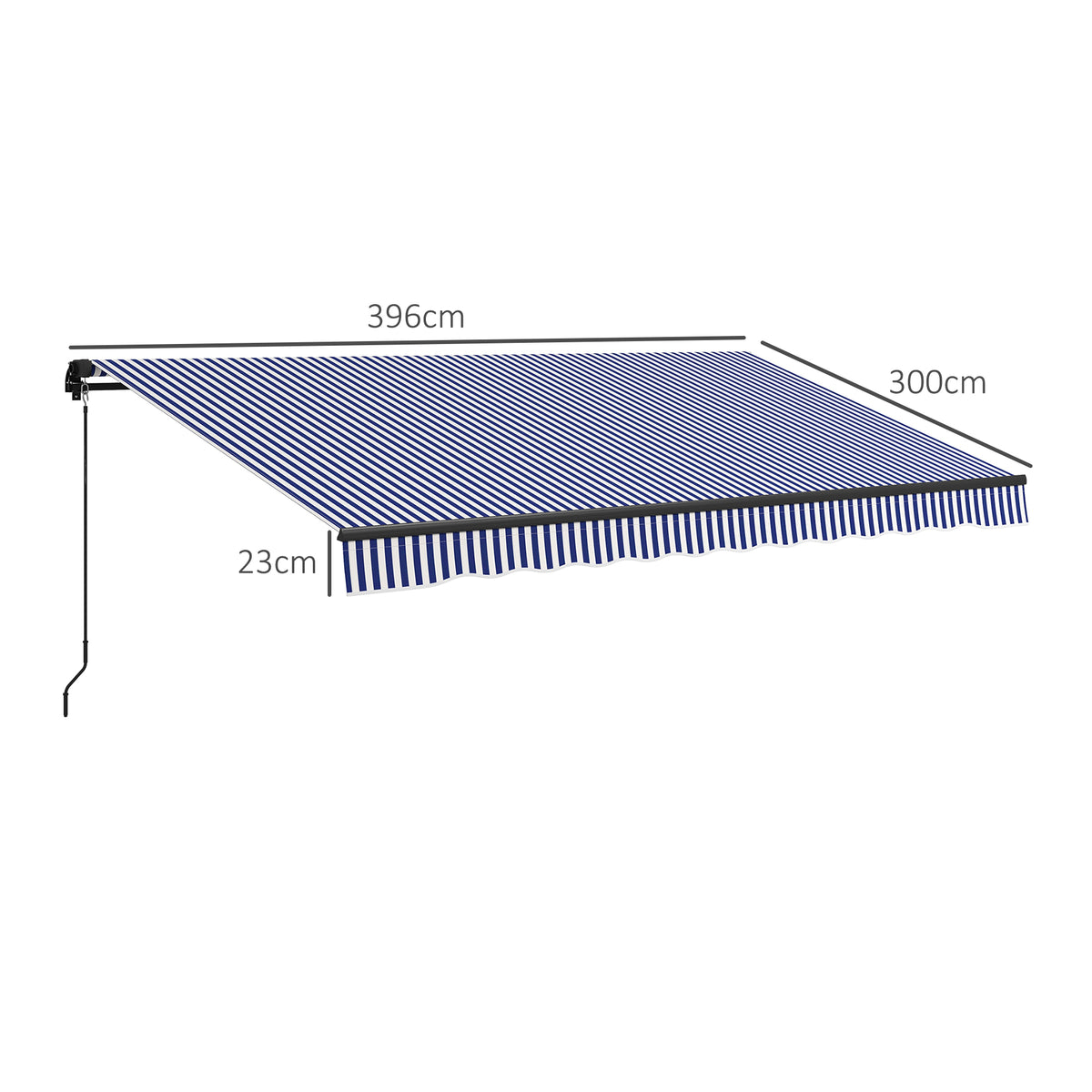 Käsikäyttöinen terassimarkiisi aaltoreunuksella, 3,96 x 3,00 m, sininen/valkoinen