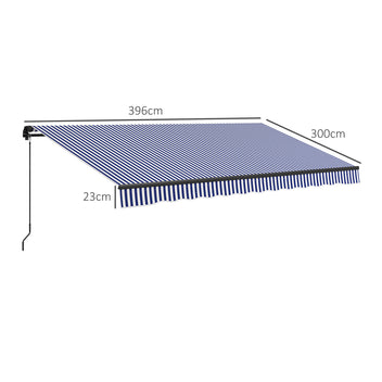 Käsikäyttöinen terassimarkiisi aaltoreunuksella, 3,96 x 3,00 m, sininen/valkoinen