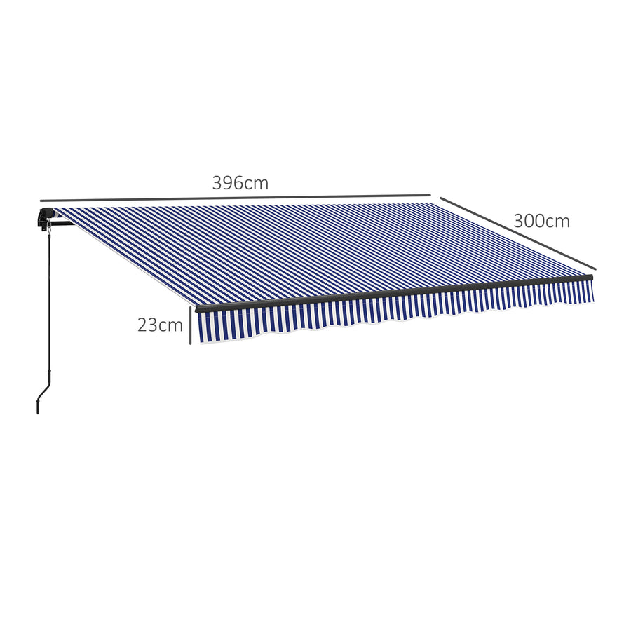 Käsikäyttöinen terassimarkiisi aaltoreunuksella, 3,96 x 3,00 m, sininen/valkoinen