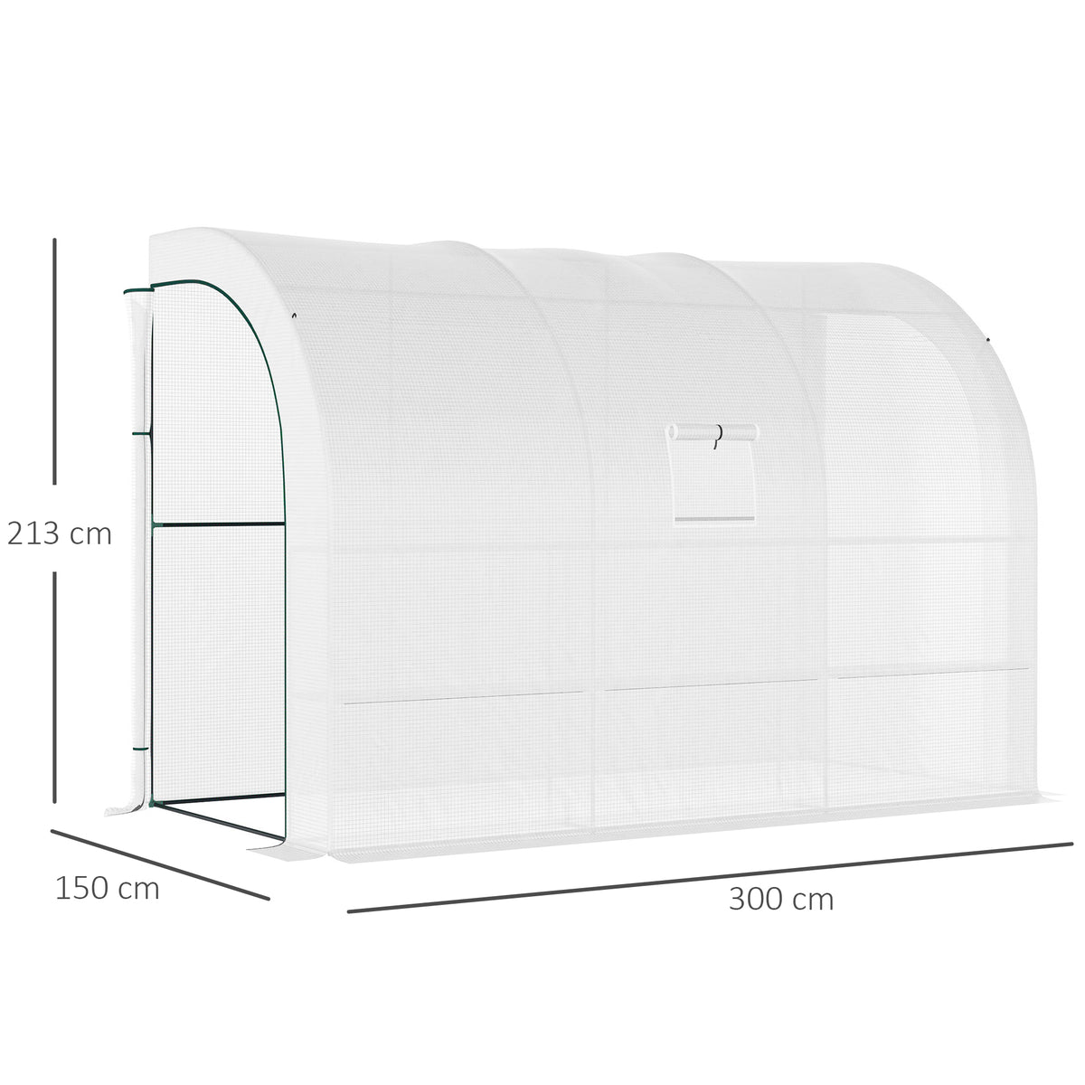 Kävelytunnelikasvihuone hyllyillä ja ovilla molemmissa päissä, 3 x 1,5 x 2,13 m, valkoinen