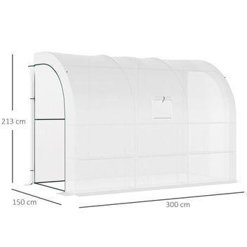 Kävelytunnelikasvihuone hyllyillä ja ovilla molemmissa päissä, 3 x 1,5 x 2,13 m, valkoinen