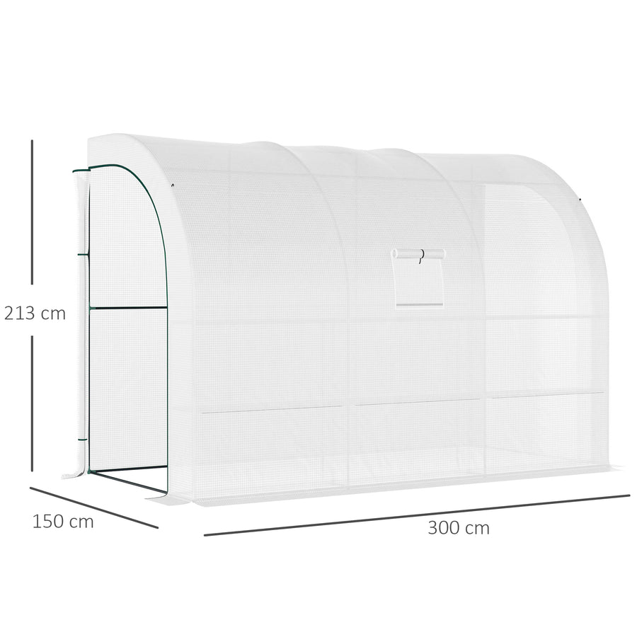 Kävelytunnelikasvihuone hyllyillä ja ovilla molemmissa päissä, 3 x 1,5 x 2,13 m, valkoinen