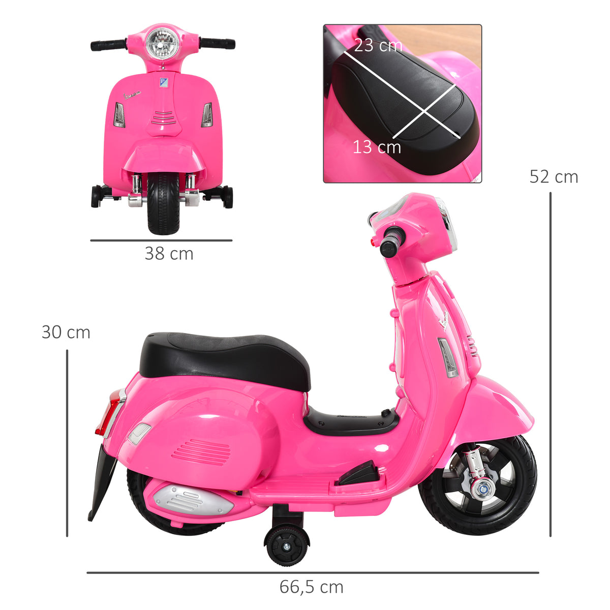 Lasten sähkömopo Vespa 6V irrotettavilla tukipyörillä, ajovalo ja äänitorvi, 1,5–3 v, pinkki