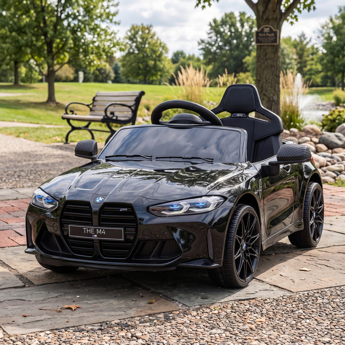 Lasten sähköauto BMW M4, kaukosäädin, valot ja äänet, jousitetut takapyörät, 3–5 v, musta