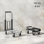 Kokoontaitettava nokkakärry jatkettavalla lavalla, säädettävä kahva, 150 kg, hopea/musta