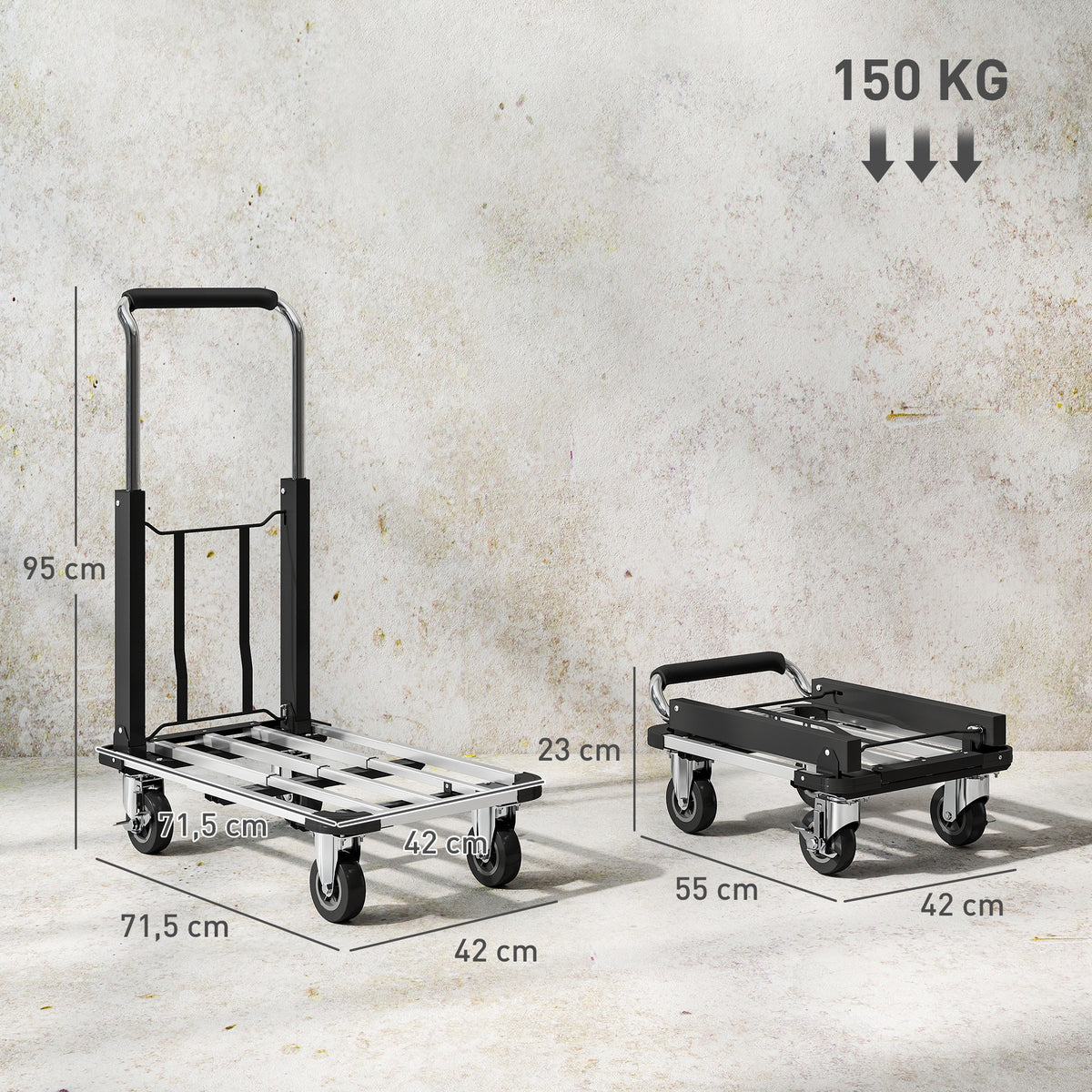 Kokoontaitettava nokkakärry jatkettavalla lavalla, säädettävä kahva, 150 kg, hopea/musta