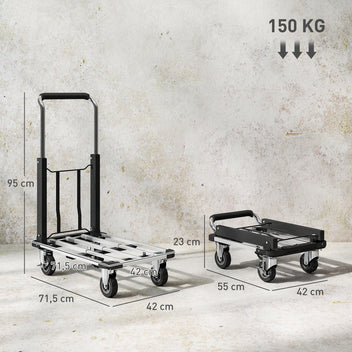 Kokoontaitettava nokkakärry jatkettavalla lavalla, säädettävä kahva, 150 kg, hopea/musta
