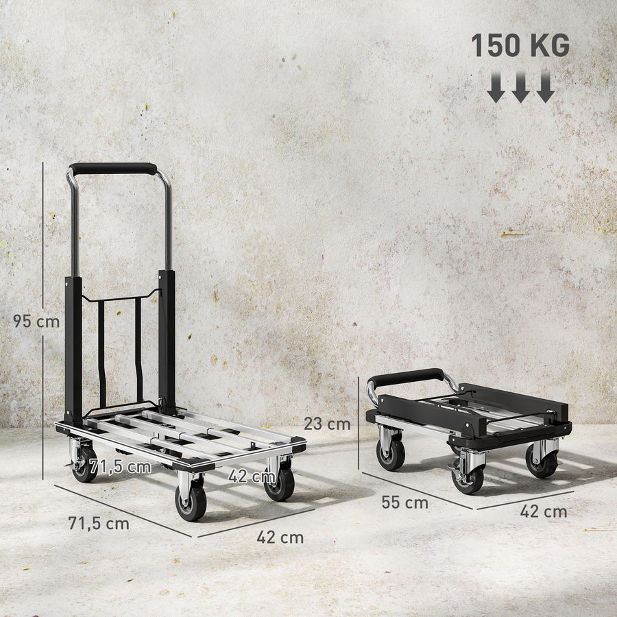 Kokoontaitettava nokkakärry jatkettavalla lavalla, säädettävä kahva, 150 kg, hopea/musta