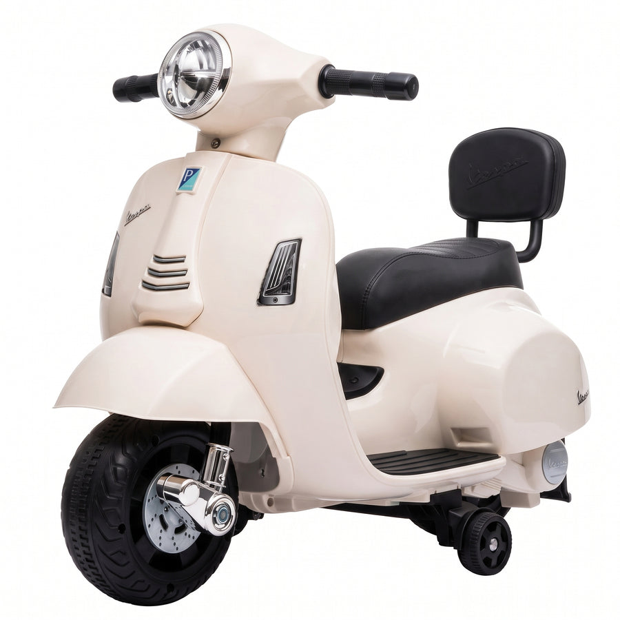 Lasten sähkömopo Mini Vespa GTS litiumakulla, selkänoja ja tukipyörät, 1,5–3 v, valkoinen