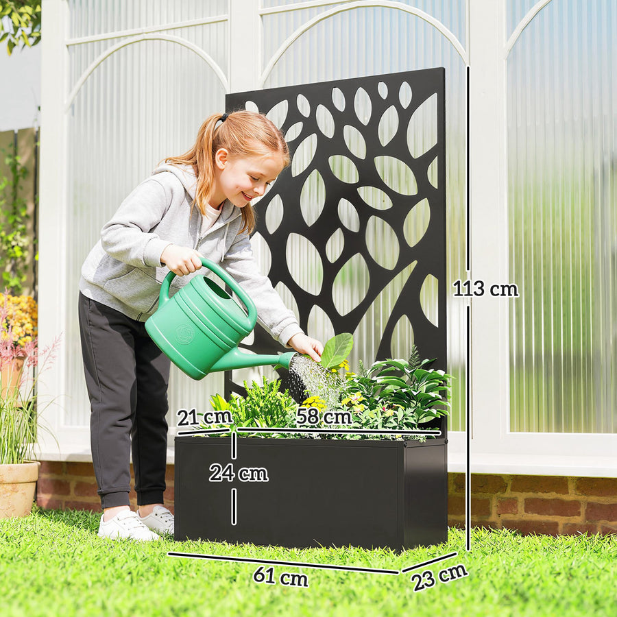 Metallinen istutuslaatikko oksakuvioisella säleiköllä, 61 x 23 x 113 cm, musta