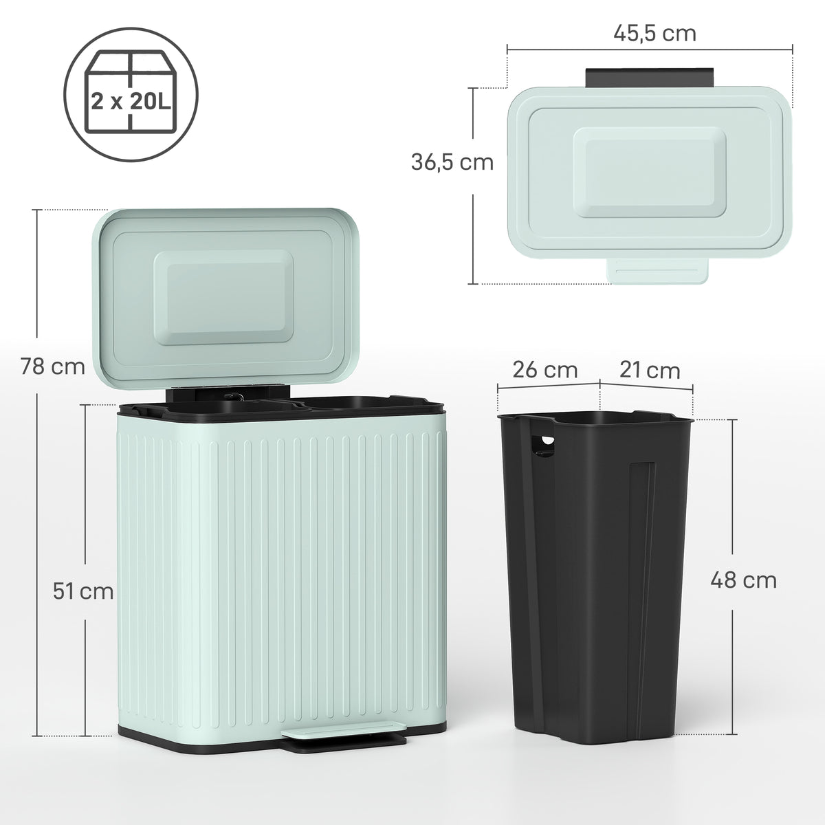 Lajitteluroskakori keittiöön 2 x 20 l, poljin, sormenjälkiä hylkivä metallirunko, vihreä