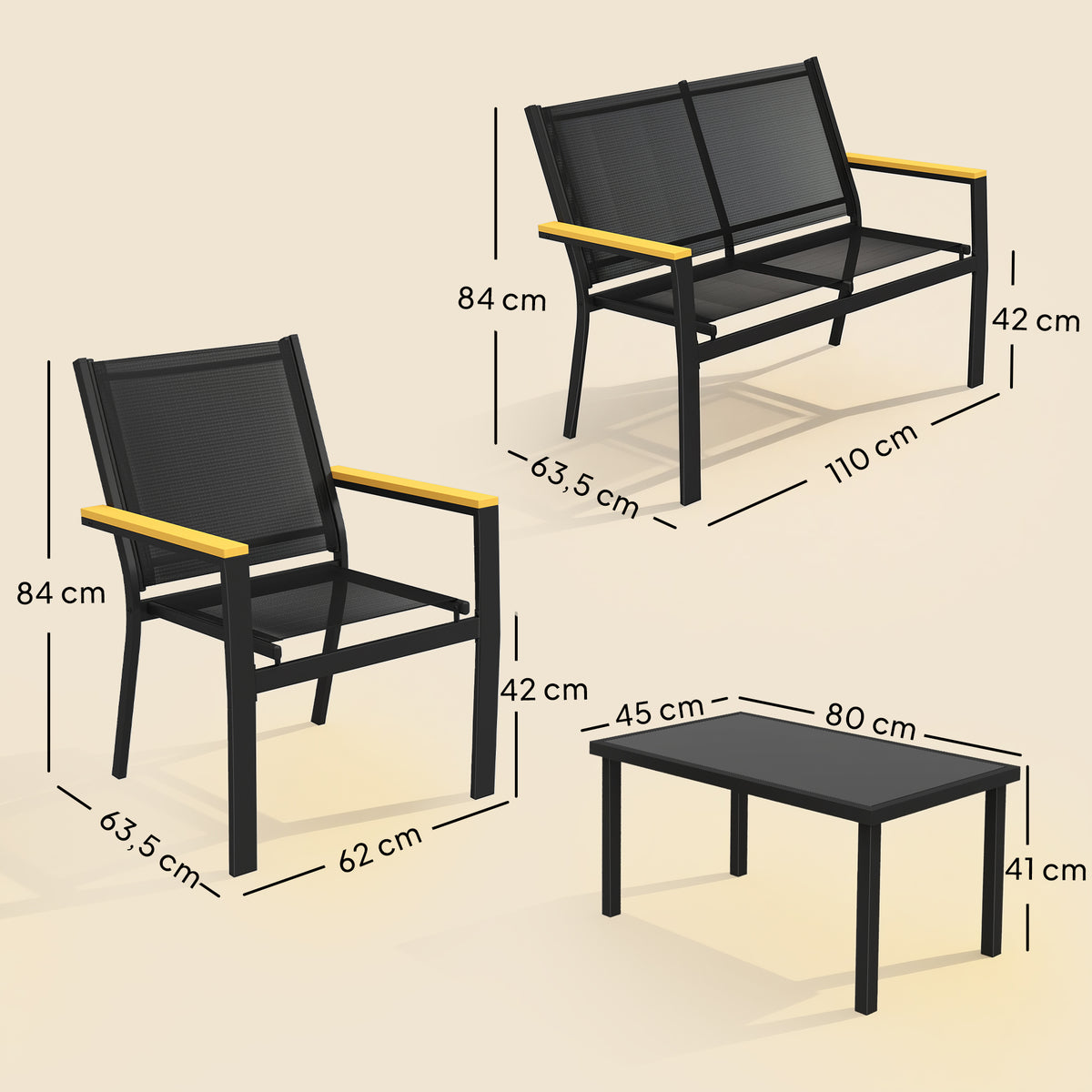 Teräksinen oleskeluryhmä neljälle leveillä käsinojilla, sohva + 2 tuolia + lasipöytä, musta
