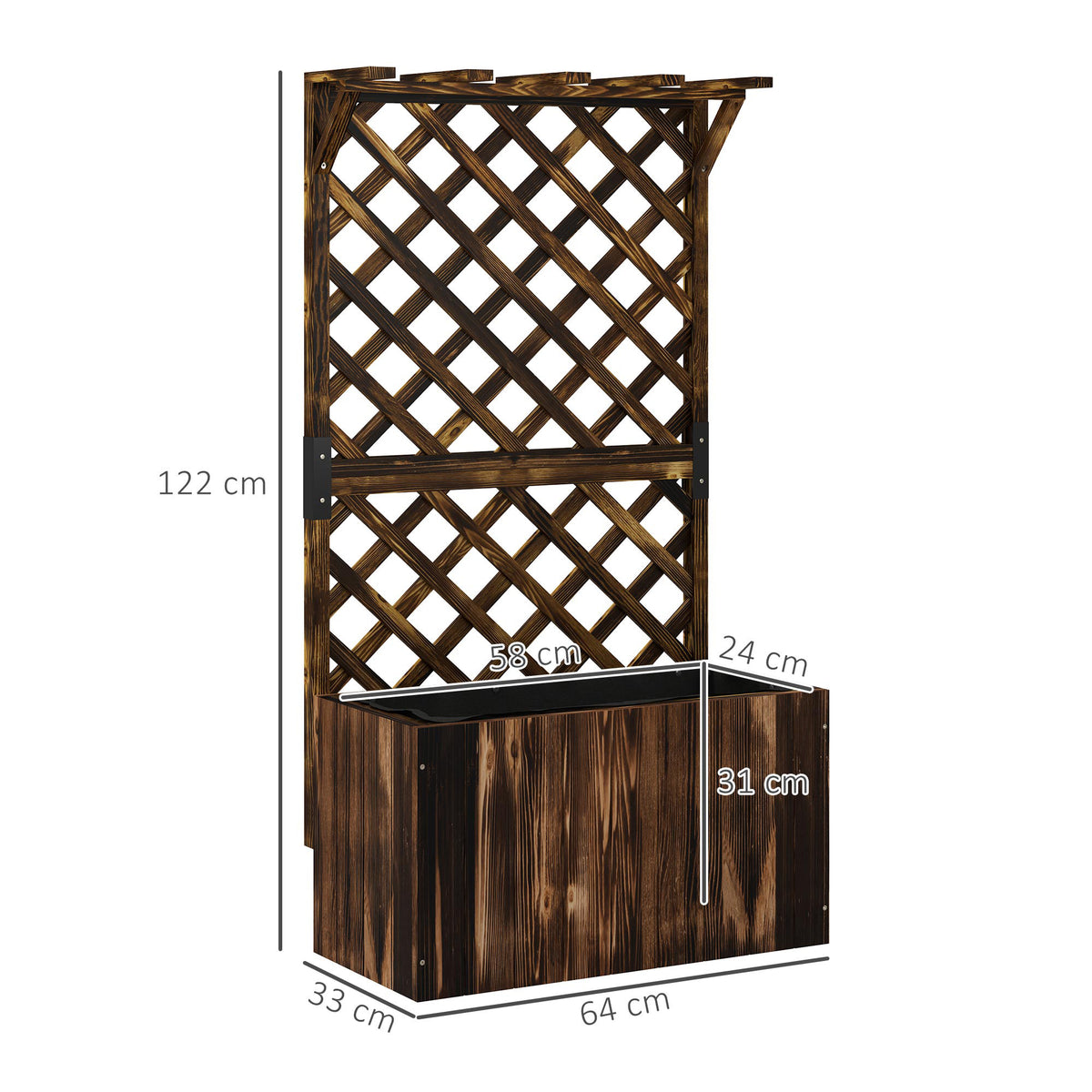 Puinen istutuslaatikko säleiköllä ja katolla, 64 x 33 x 122 cm, hiillostettu
