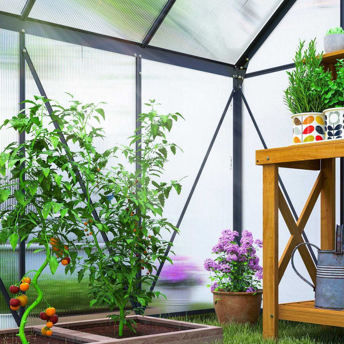 Alumiininen polykarbonaattikasvihuone perustuksella ja kattoikkunalla, 3,6 m², harmaa