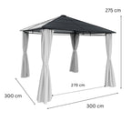 Paviljonki 3 x 3 m PC-katolla – 6 mm katto, sivuverhot, teräsrunko, harmaa