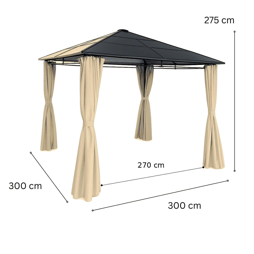 Paviljonki 3 x 3 m PC-katolla – 6 mm katto, sivuverhot, teräsrunko, beige