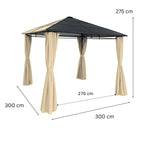 Paviljonki 3 x 3 m PC-katolla – 6 mm katto, sivuverhot, teräsrunko, beige