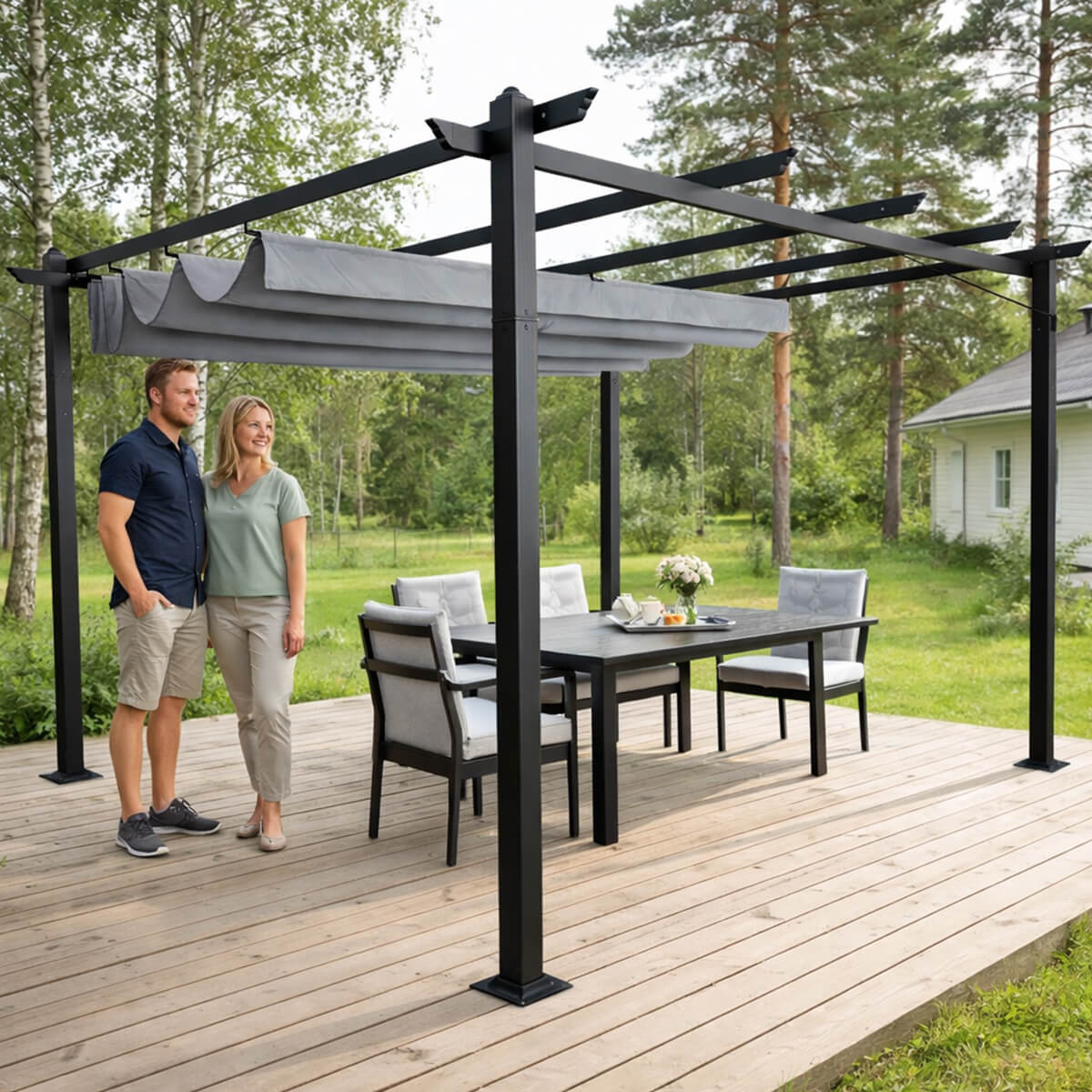 B-OUT! Pergola 3 x 4 m – avattava kattokangas, alumiinirunko, 250 g PU-polyesteri - LUE TUOTEKUVAUS