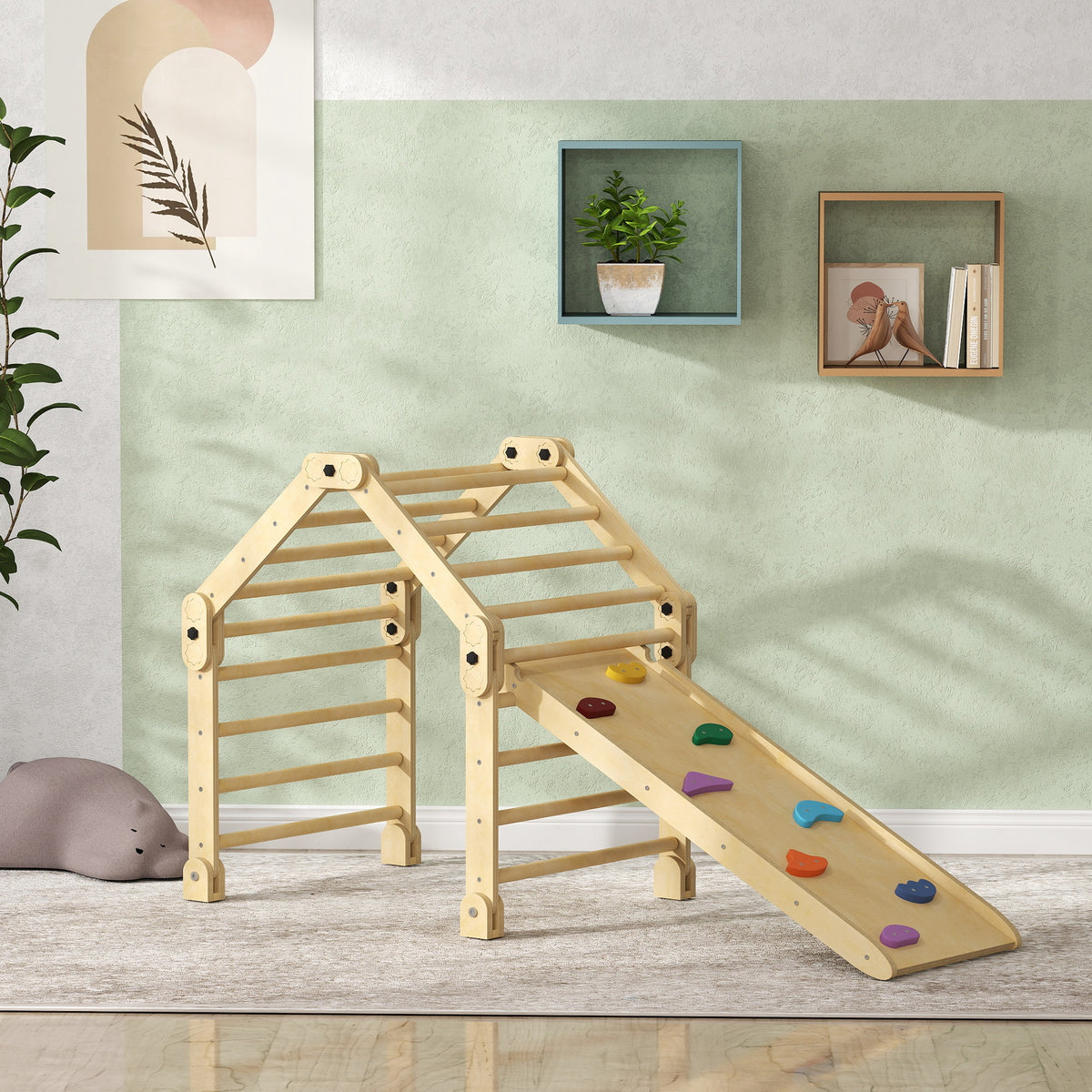 Kiipeilykolmio 3-in-1 tikkailla ja liukumäki/kiipeilyseinällä, puu, 1,5–4 v