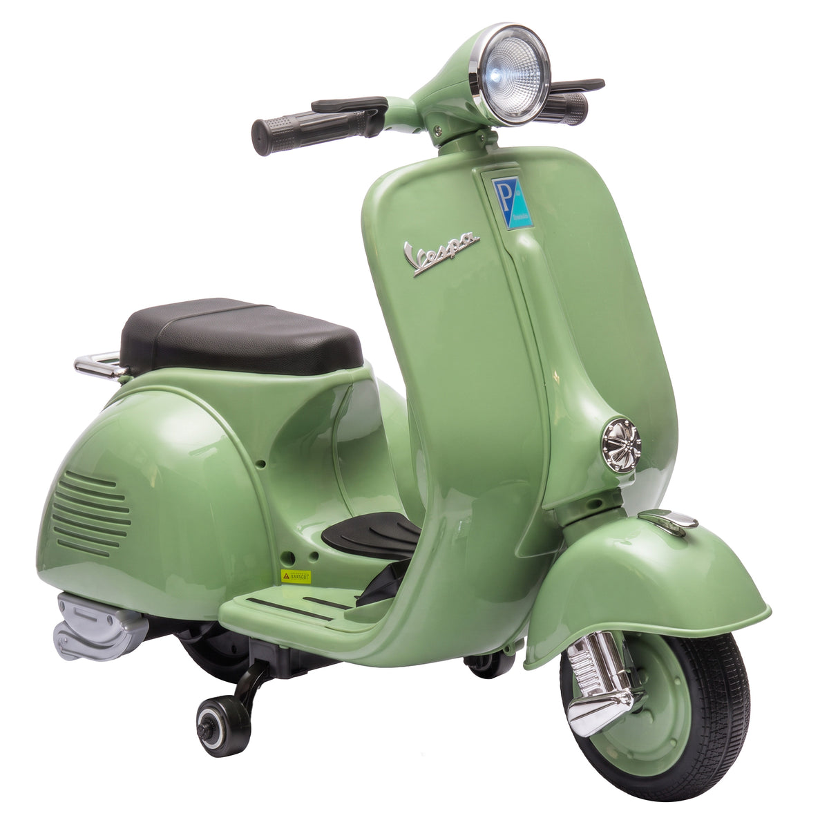 Lasten sähkömopo Vespa litiumakulla, tukipyörät, pehmeä lähtö, USB ja musiikki, 3 v+, vihreä