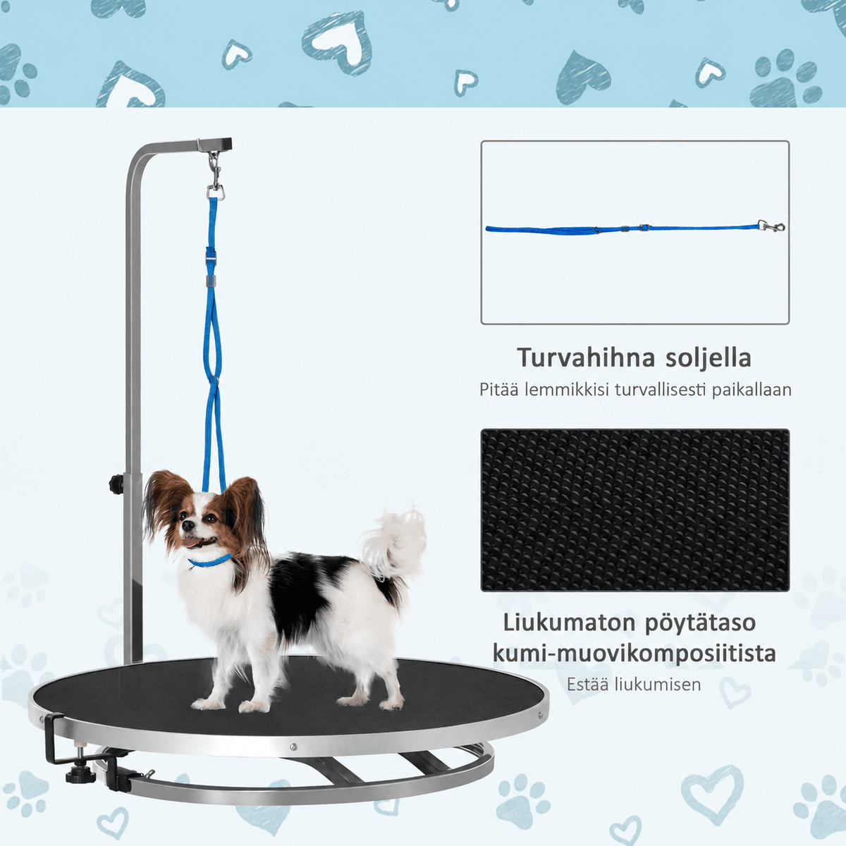 Pyörivä koiran trimmauspöytä Ø65 cm säädettävällä tangolla ja turvataluttimella, musta