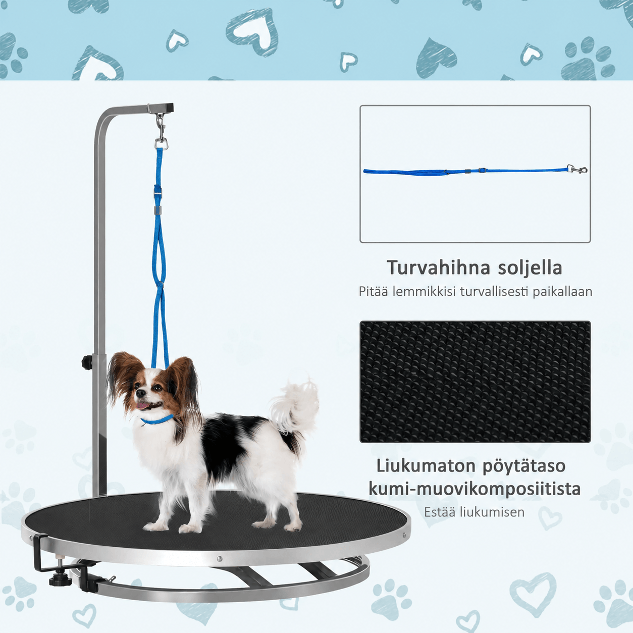 Pyörivä koiran trimmauspöytä Ø65 cm säädettävällä tangolla ja turvataluttimella, musta