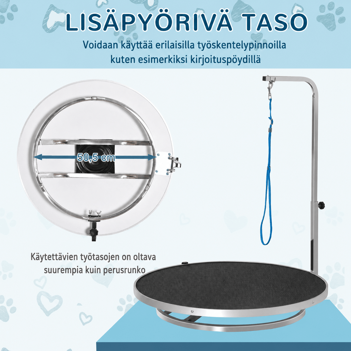 Pyörivä koiran trimmauspöytä Ø65 cm säädettävällä tangolla ja turvataluttimella, musta