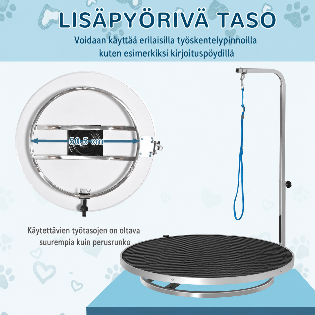 Pyörivä koiran trimmauspöytä Ø65 cm säädettävällä tangolla ja turvataluttimella, musta