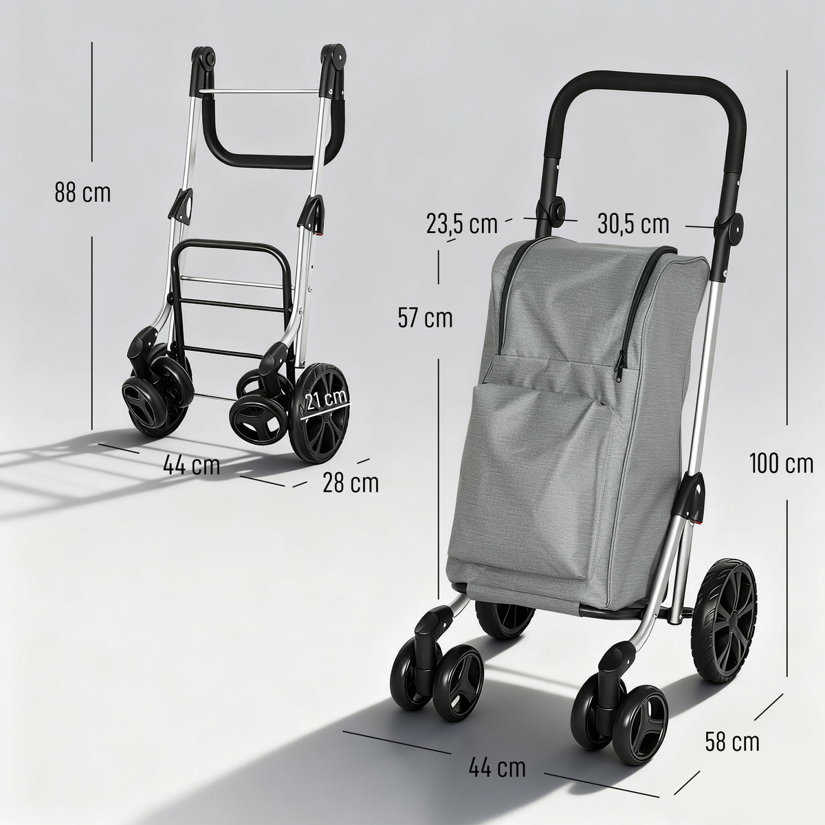 Ostoskärry 3-in-1 kylmätaskulla, 46 l kassi ja reppuhihnat, säädettävä aisa, alumiini, harmaa