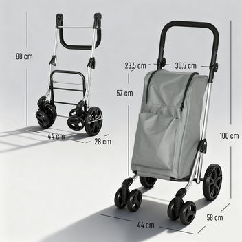 Ostoskärry 3-in-1 kylmätaskulla, 46 l kassi ja reppuhihnat, säädettävä aisa, alumiini, harmaa