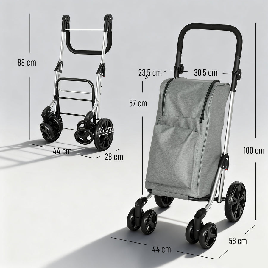 Ostoskärry 3-in-1 kylmätaskulla, 46 l kassi ja reppuhihnat, säädettävä aisa, alumiini, harmaa