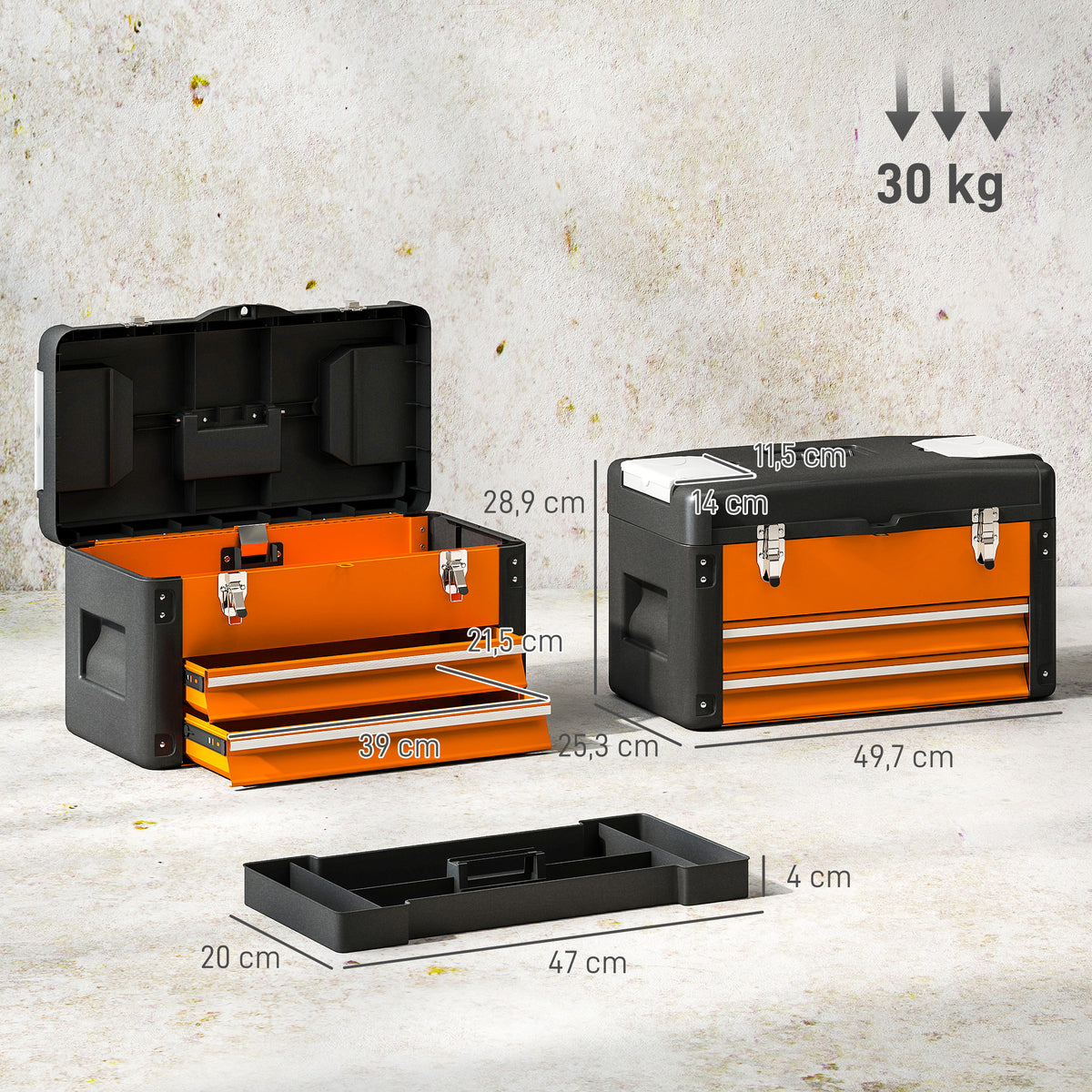 Työkalulaatikko 2 vetolaatikolla, irrotettavalla tarjottimella ja pienosarasioilla, 49,7 x 25,3 x 28,9 cm, oranssi