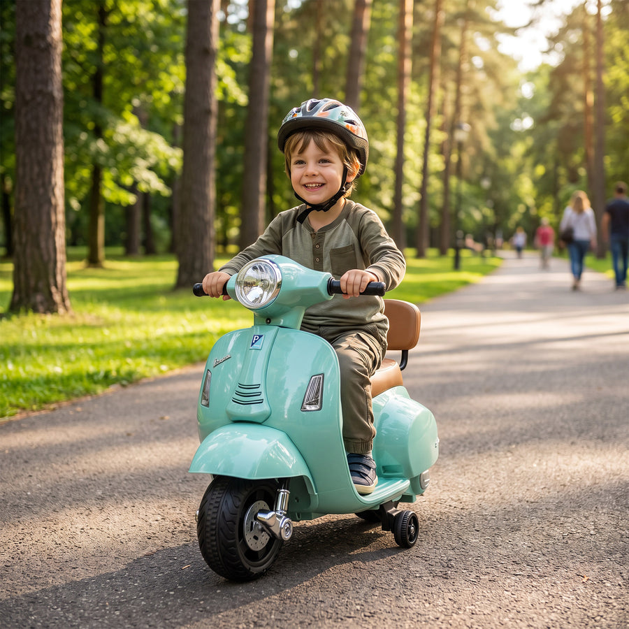 Lasten sähkömopo Mini Vespa GTS litiumakulla, selkänoja ja tukipyörät, 1,5–3 v, vihreä