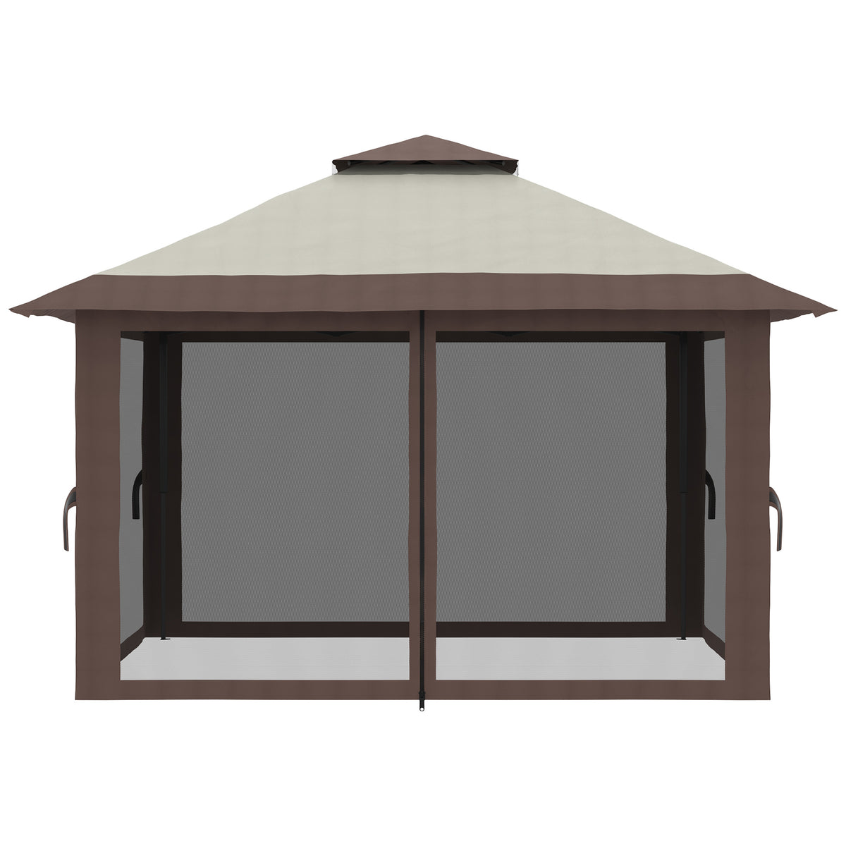 Taittuva pop-up-paviljonki 4 x 4 m verkkoseinillä ja pyörällisellä laukulla, beige