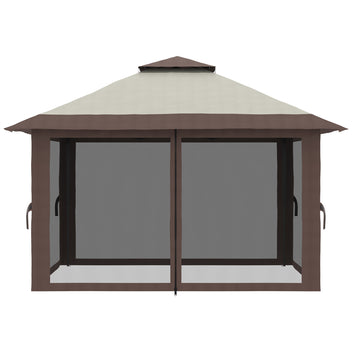 Taittuva pop-up-paviljonki 4 x 4 m verkkoseinillä ja pyörällisellä laukulla, beige