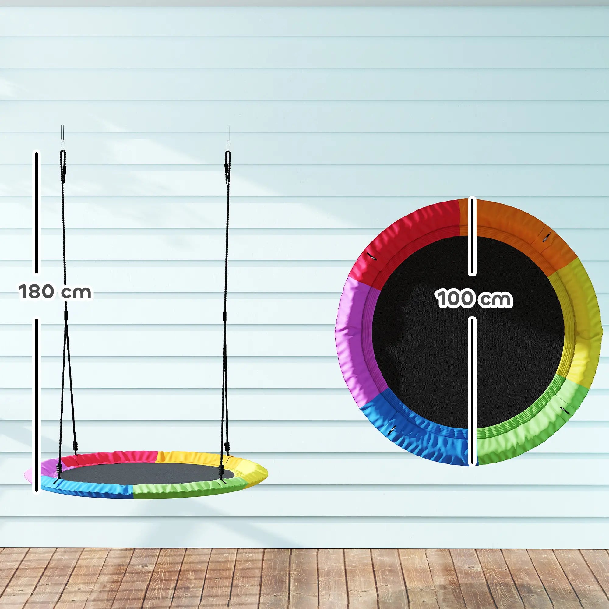 Pesäkeinu lapsille 100 cm säädettävillä köysillä, vedenkestävä riippukeinu ulos, kantavuus 300 kg, monivärinen