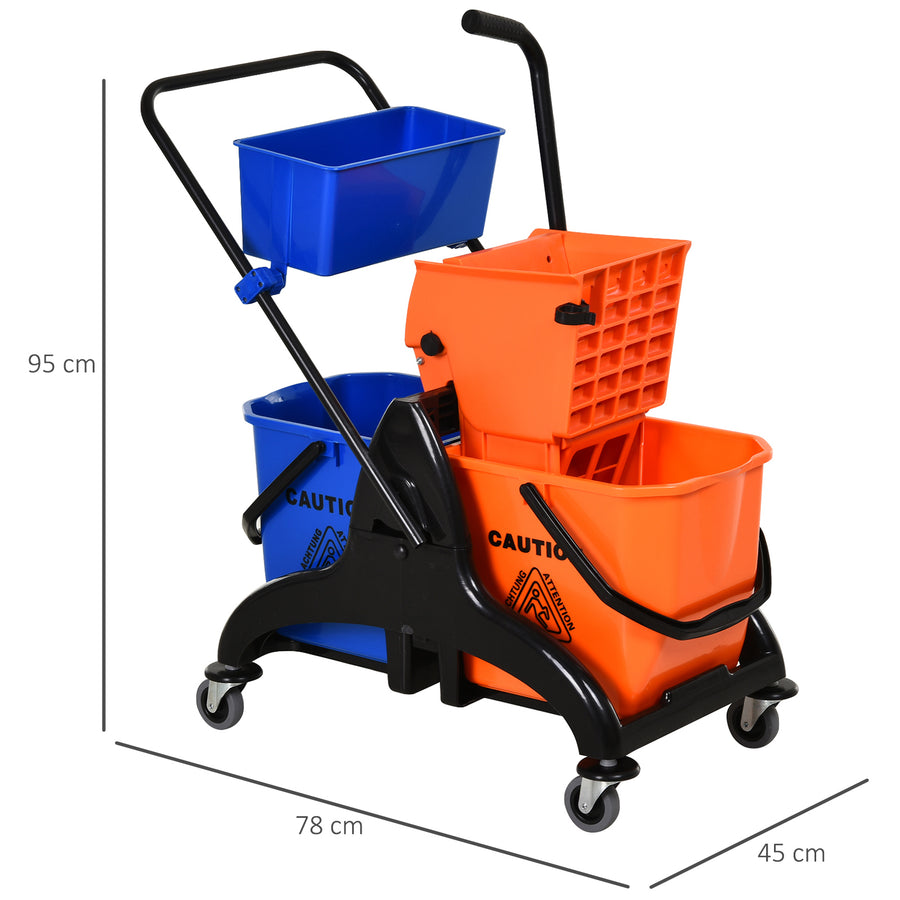 Moppivaunu 26 l puristimella, erilliset ämpärit puhtaalle ja likaiselle vedelle, pyörät, oranssi