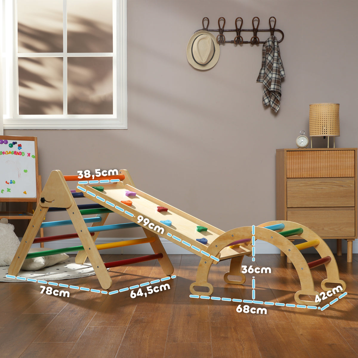 Kiipeilykolmio 5-in-1 rampilla ja kaarisillalla, puu, 18–48 kk