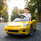 Lasten sähköauto RUF GT 12V, kaukosäädin, musiikki ja turvavyö, 3–5 v, keltainen