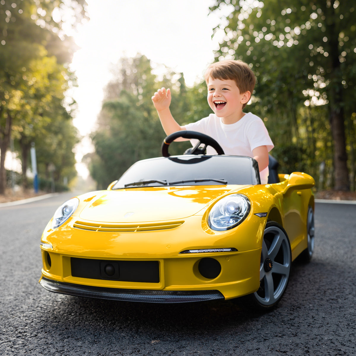 Lasten sähköauto RUF GT 12V, kaukosäädin, musiikki ja turvavyö, 3–5 v, keltainen