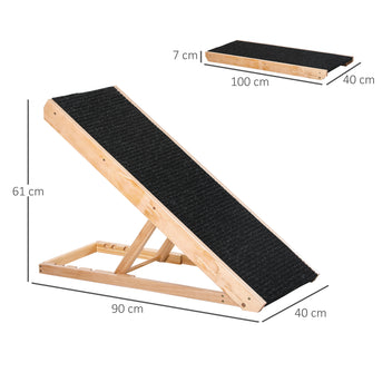 Säädettävä koiran ramppi isoille koirille, 4 korkeutta 26–61 cm, liukumaton matto, mänty, 40 kg asti