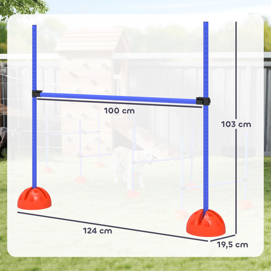 Koiran agility-hyppyesteet 4 kpl, korkeus 15–95 cm, täytettävät jalustat, kantolaukku, sininen