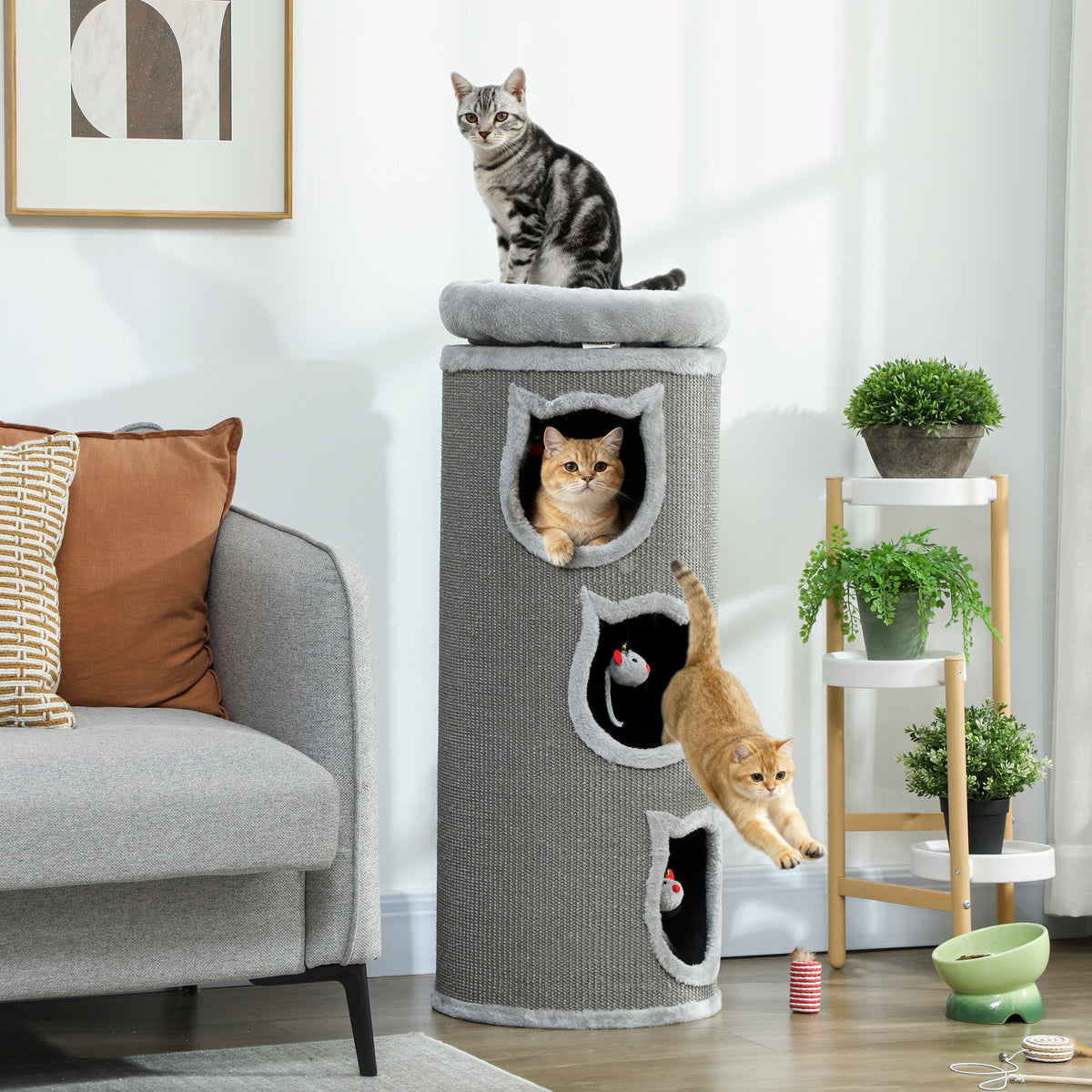 Kissatorni kolmella pesällä ja pestävällä pedillä, 96 cm, harmaa