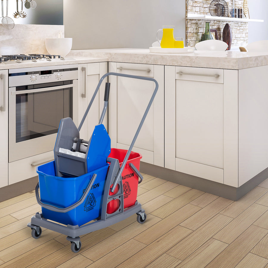 Siivousvaunu kahdella ämpärillä ja puristimella, 4 kevyesti kulkevaa pyörää, metalli ja PP, sininen/punainen