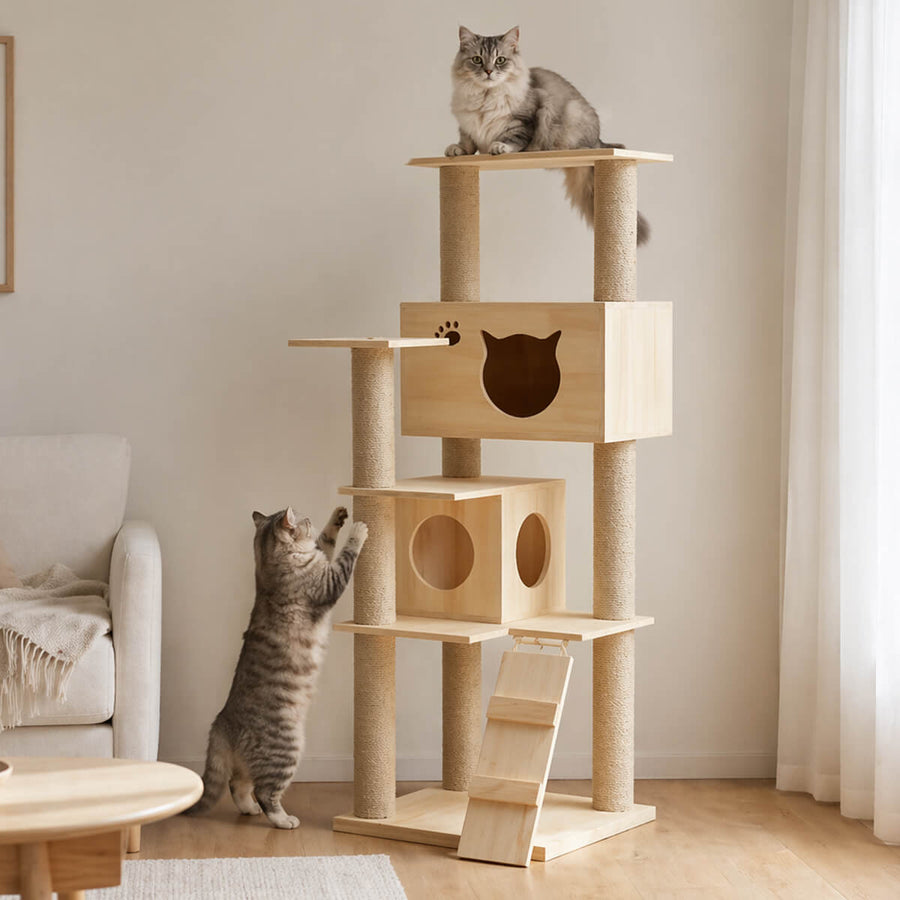 Kattklätterträd i trä med två sovplatser, 143 cm