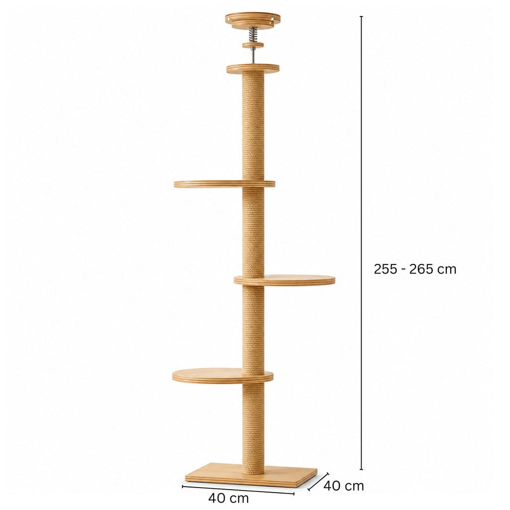 Högt klätterträd för katter 255–265 cm – träplattformar, 40x40 cm